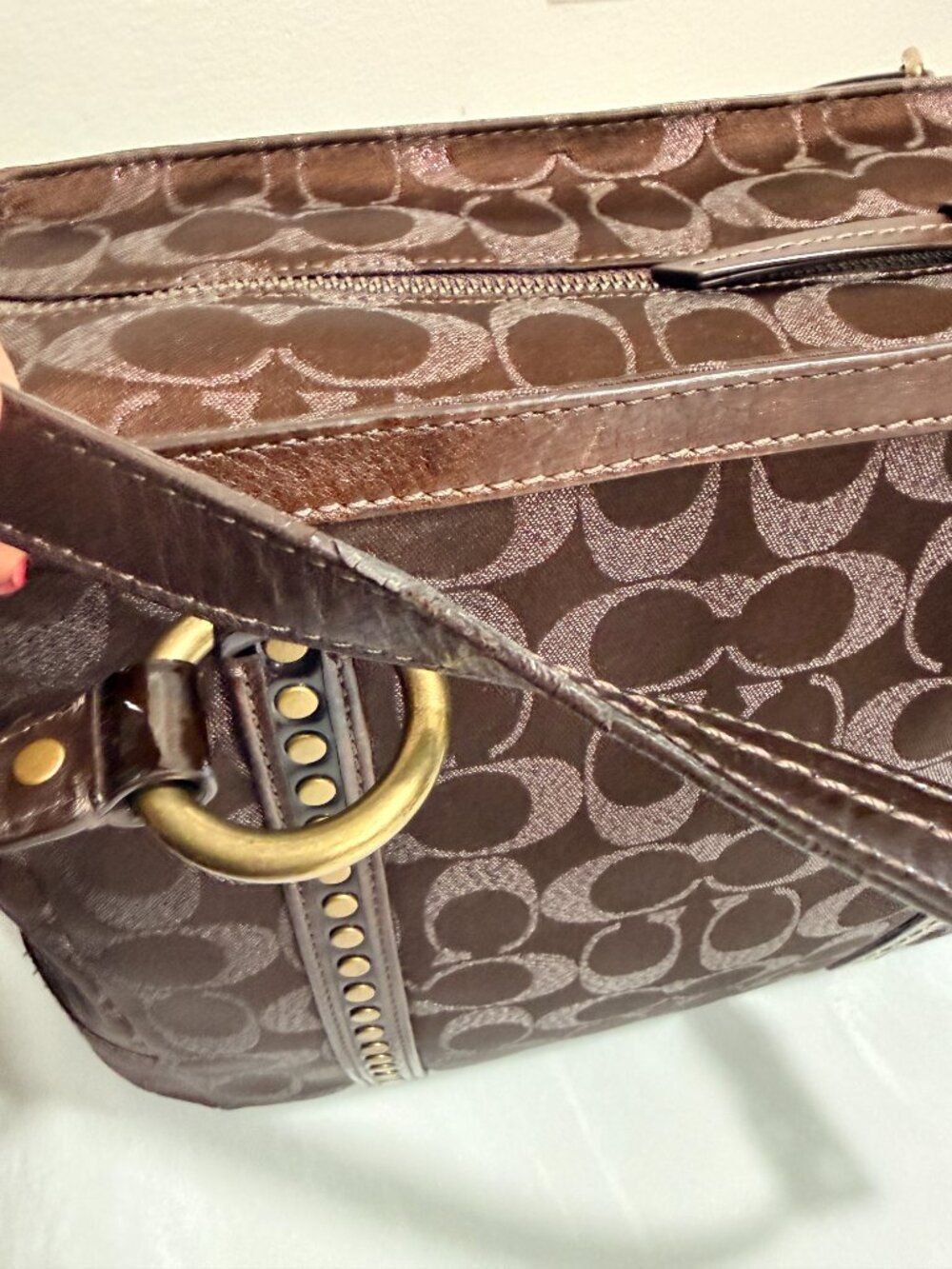 Dark Chocolate Brown Coach Signature Studded Lurex Tote Bag - Picture 12 of 14